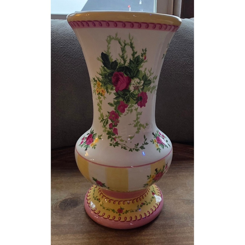 Vintage Laura Ashley Floral Ceramic Vase Pink Roses Yellow Stripes Cottagecore